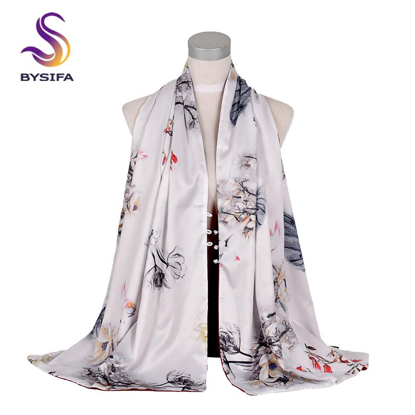 [BYSIFA] Fashion Silk Scarf Shawl Women  New Chinese Style Purple Rich Peony Scarves Spring Autumn Buttons Long Scarves