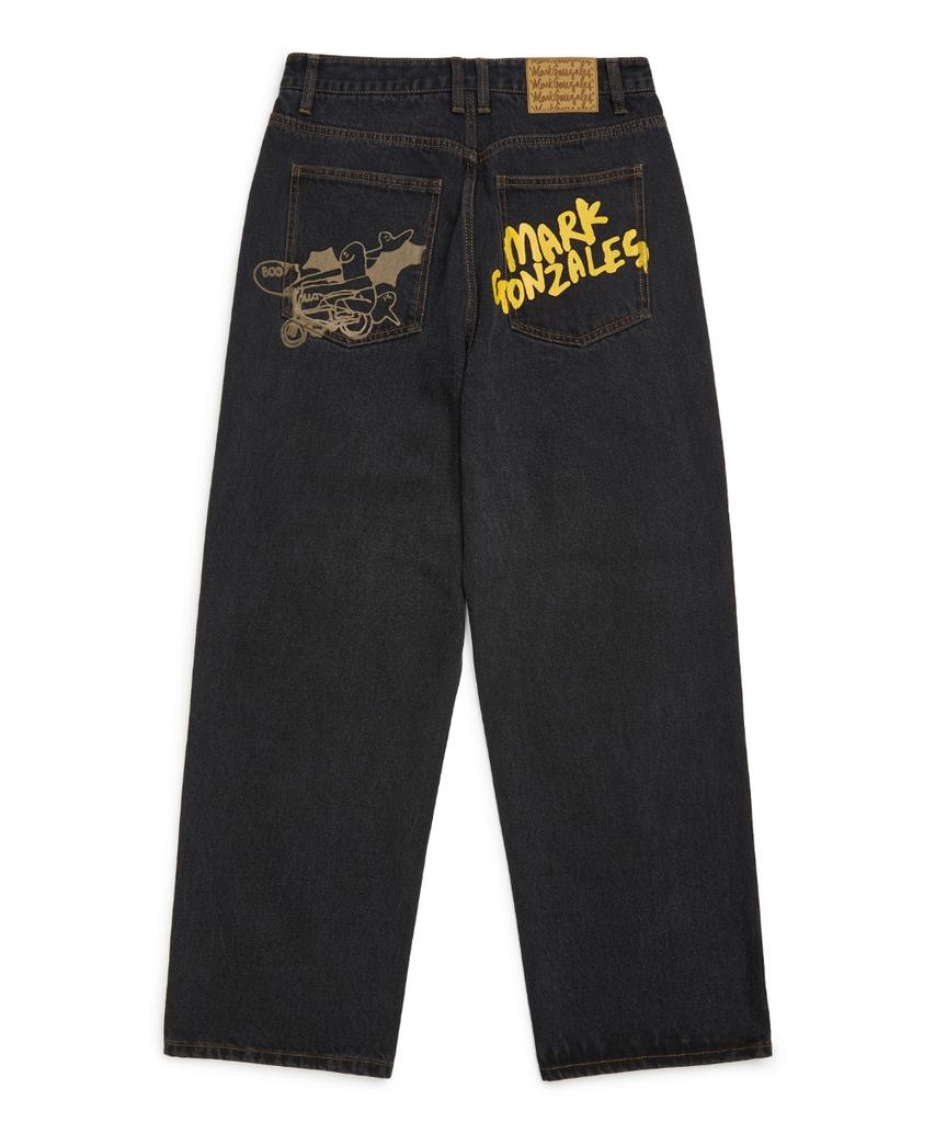 MARK GONZALES Back Pocket Graphic Oversized Denim Pants - Black