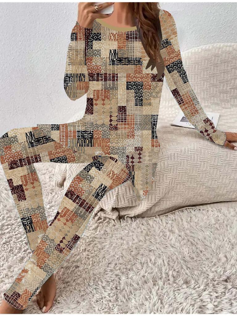 Euroamerikanische Mode 3D Retro bedrucktes Damen Vier-Jahreszeiten Langarm-T-Shirt + Lange Hose Zweiteiler. Perfektes Geschenk für Neujahr & Weihnachten