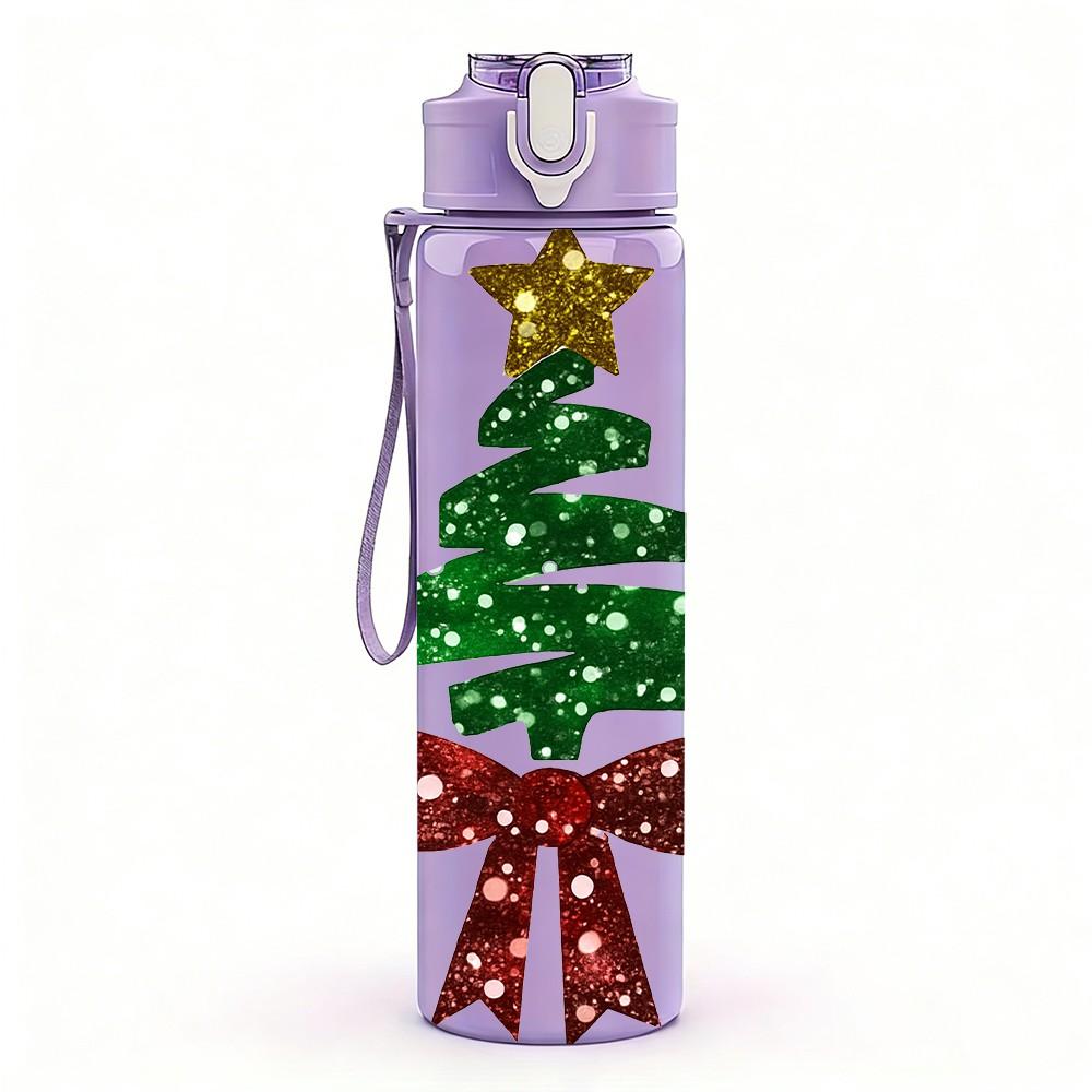 1PC Red Bow Christmas Tree Print 750ml Color Plastic Sports Water Bottle Leakproof Flip Straw Lid Suitable for Sports Office Home Use