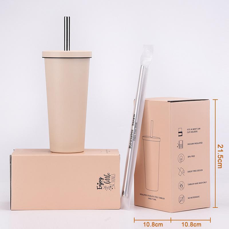 710Ml Bubble Tea Cup Non-Slip Double-Layer Stainless Steel Straw Cup Multi-Color Straw Thermal Insulation Water Cup