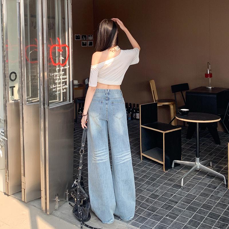Women's Spring 2025 Retro American Light Blue Jeans - Loose Casual Slim Fit Straight Wide Leg Pants