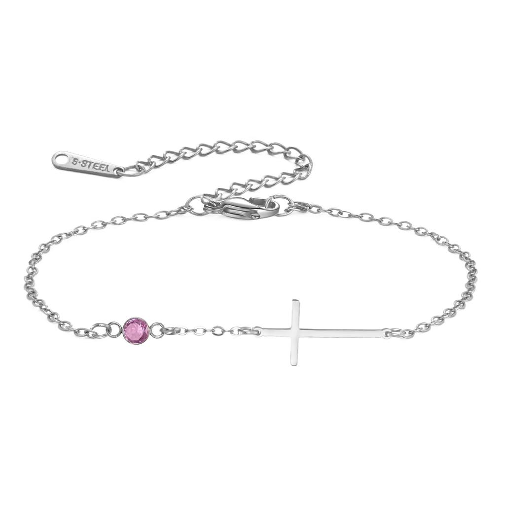 Trendy Jesus Cross Birthstone Charms Bracelet Stainless Steel 12 Birth Month Bracelets for Women Girls Jewelry Birthday Gifts