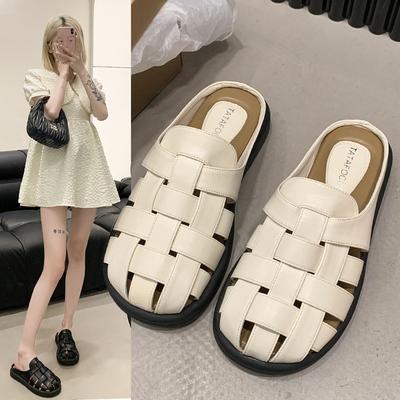 Halbschuhe für Damen Sommer 2024 Neu Hohlweben Runde Zehen Flache Römersandalen Outdoor Trend Markendesign Damen Pantoletten