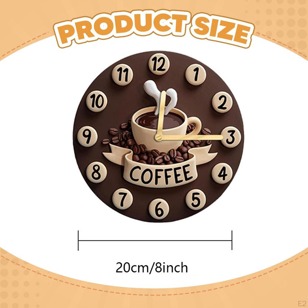 Coffee Cup Wall Clock Hanging Decor 2D Ornament Farmhouse Collection Wooden Quiet for Kitchen