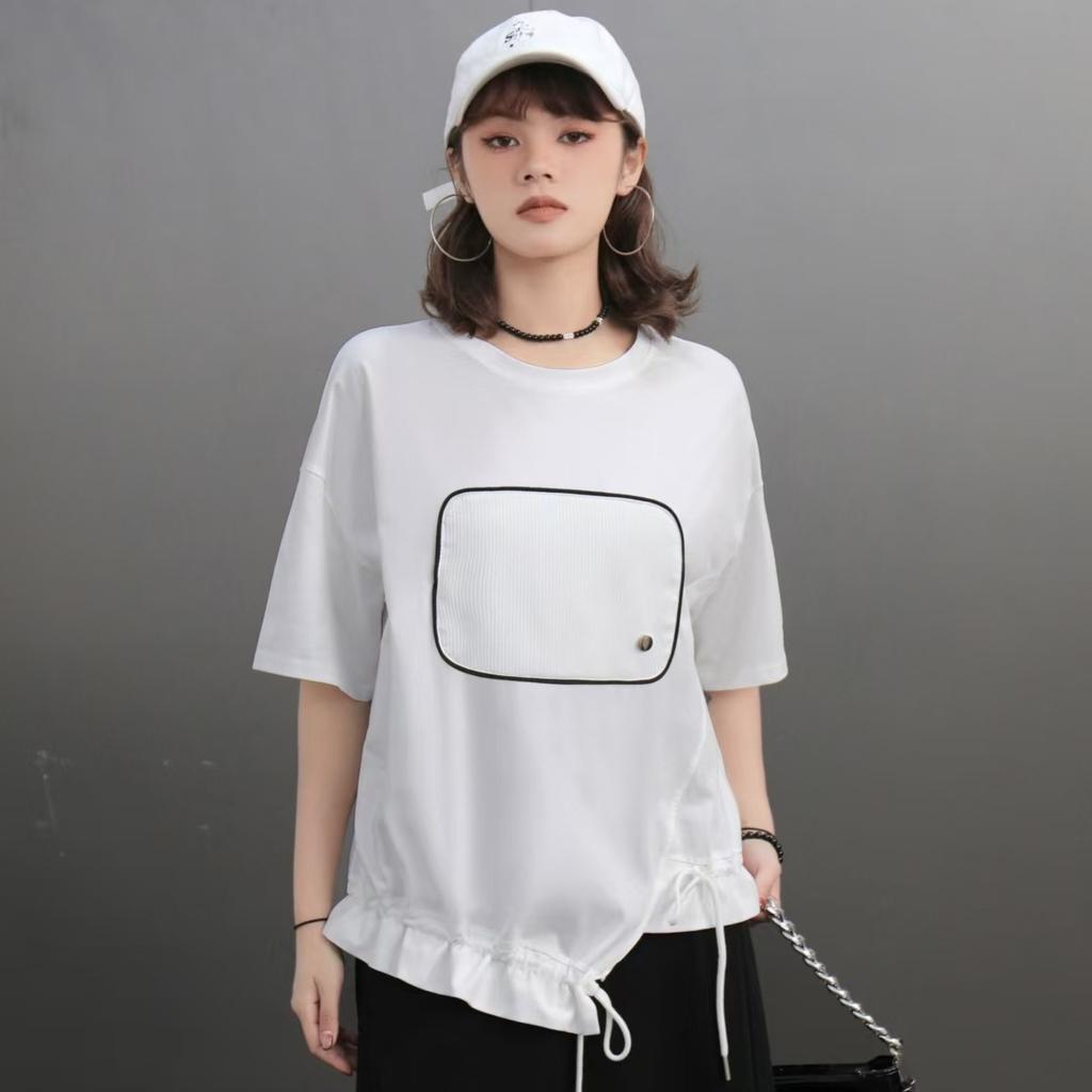 DIMANAF 2025 Summer Pocket T-shirt Women Printing Asymmetrical Full Sleeve Loose White Black