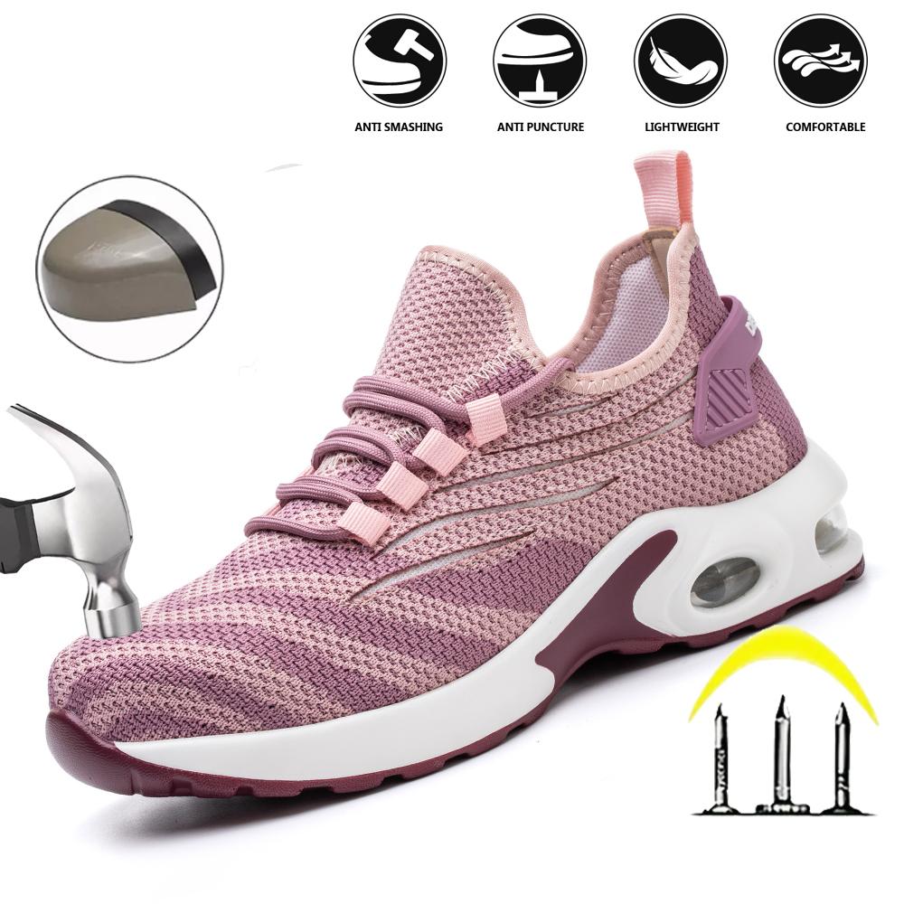 Fashion Women Safety Shoes Lightweight Comfortable Work Boots for Ladys Indestructible Anti-smashing Construction Sneakers Pink