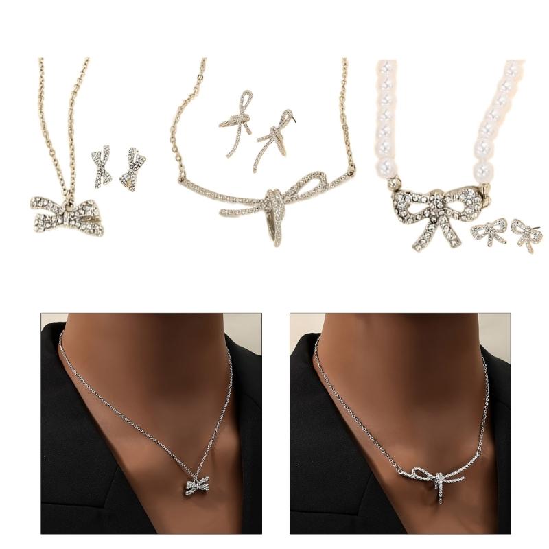 Delicate Bowknot Pendant Necklace and Earrings Combo Graceful Women's Neckchain and Ear Studs Jewelry Set Collection