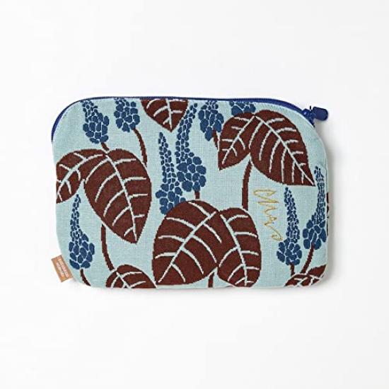 Morita MiW Pouch, Flower and Weevil Design, Light Blue. The MiW color harmony of the front, lining, and zipper is fresh. Made from a slightly tightly