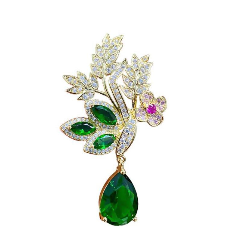 Fashion Green Yellow Leaves Flower Bouquet Wheat Ear Brooch for Women Creative Rhinestone Pin Suit Clothing Jewelry Accessories