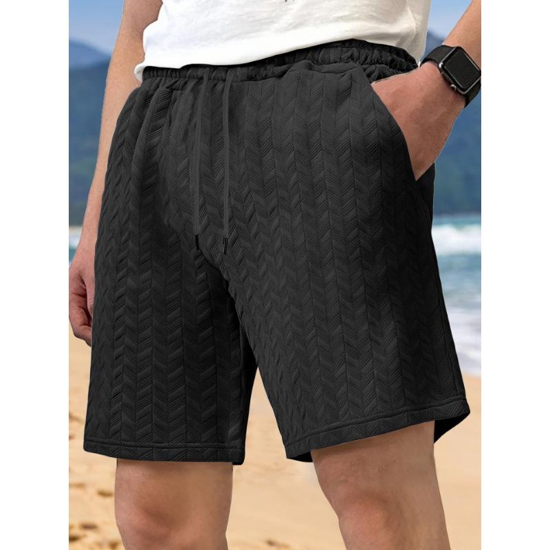 Summer Loose Solid Color Shorts Jacquard Fabric Tied Rope Men's Casual Shorts Beach Pants