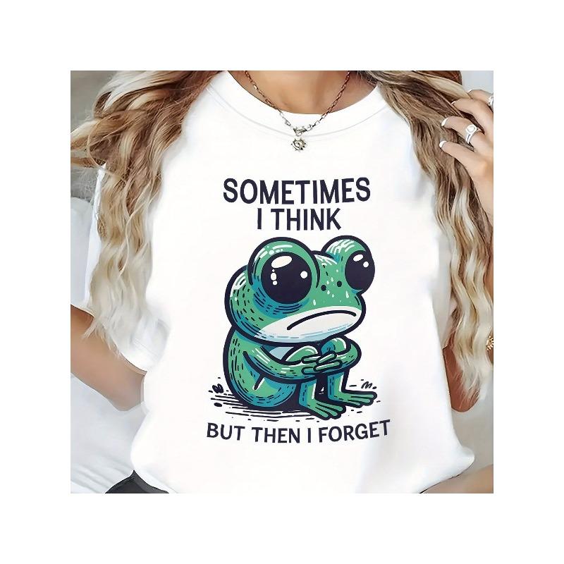 

Sometimes I Think Cute Frog Pattern Printed T-Shirt, Summer Round Neck Comfortable Short Sleeved Women S T-Shirt, S белый