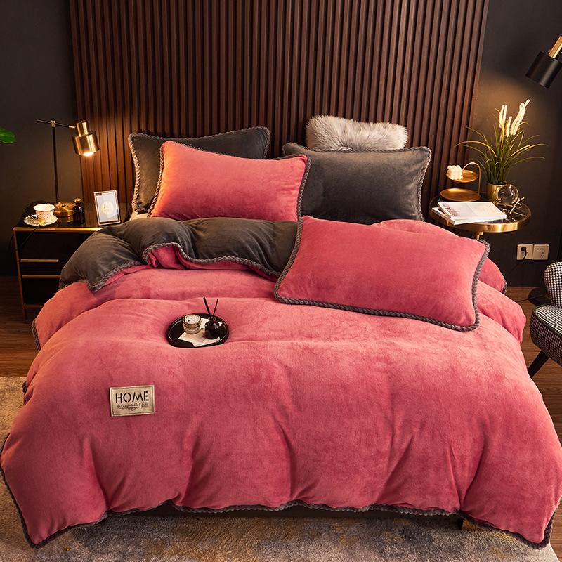 Thickened milk fleece four-piece set crystal fleece thermal bed sheet double-sided fleece quilt cover solid color