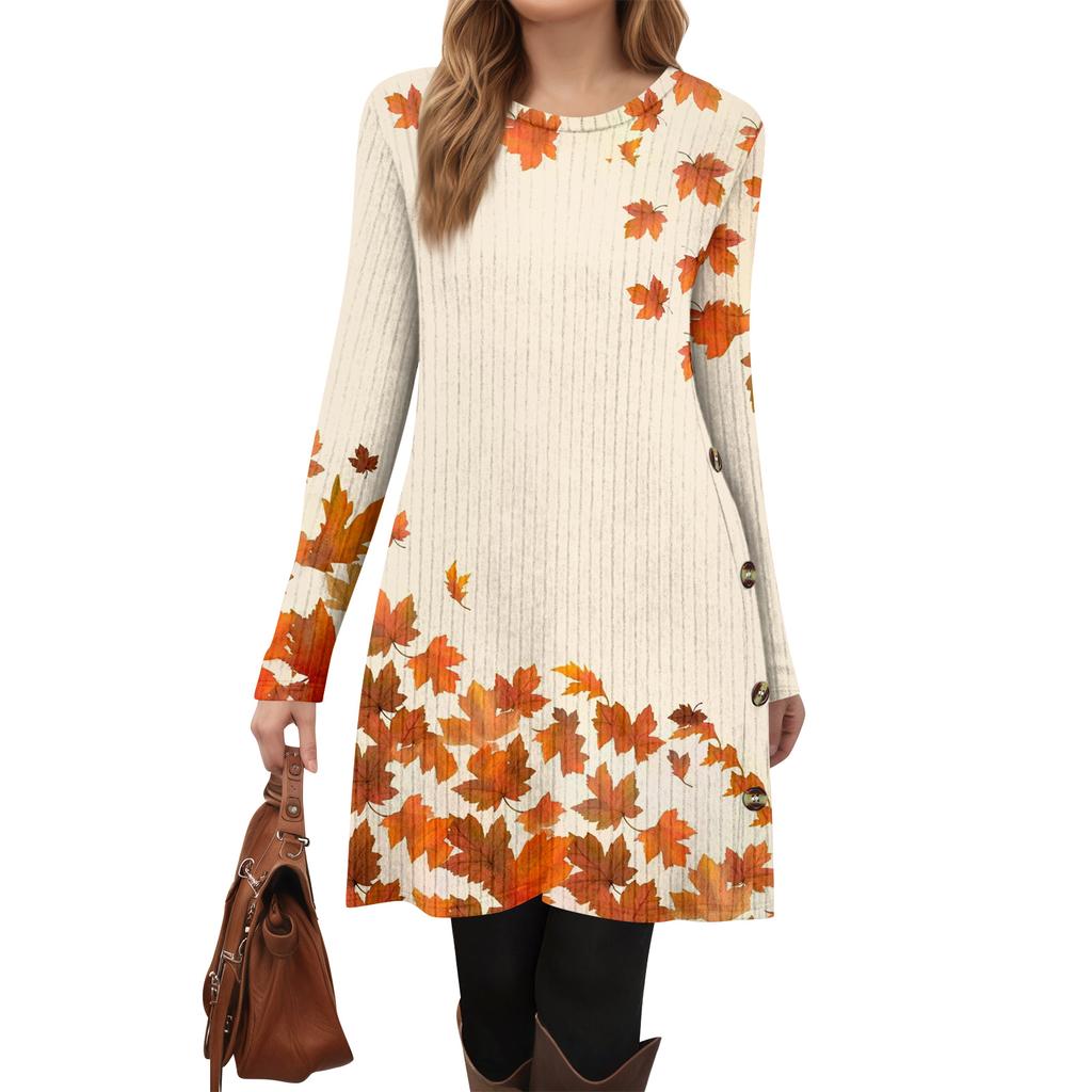 Women's Fashion Casual Long SleeveTunic Dress With Pockets Side Button Dress