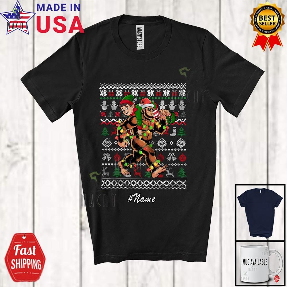 Custom Name Santa Bigfoot Stolen Elf Humorous Christmas Lights Sweater T-Shirt