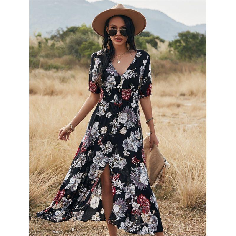 V-neck Waistband Slimming Print Dress V-neck Waist-Controlled Slimming Print Dress