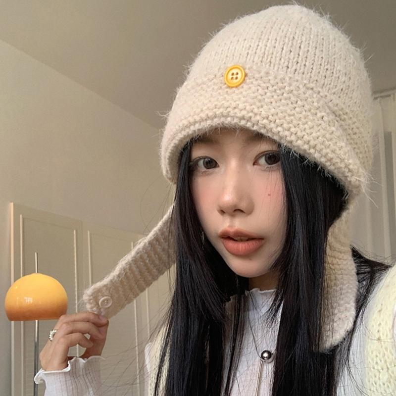 Winter Warm Knit Hat for Women Girl Button EarFlap Beanie Hat Outdoor Activity Scarf Cap Windproof Headwear Pullover Hat