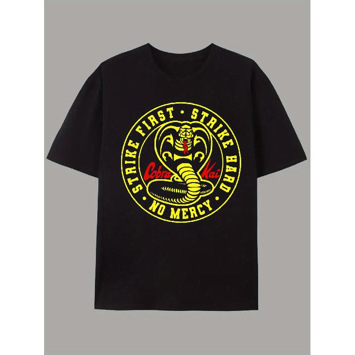 Men's Cobra Kai Strike First No Mercy T-Shirt - Iconic Print Tee Suitable for Fan Events & Casual Attire - Breathable Round Neck Casual Wear, Machine
