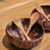 Juego de cuenco de coco hecho a mano, cuchara de madera reutilizable y cuenco de cáscara de coco para uso diario.