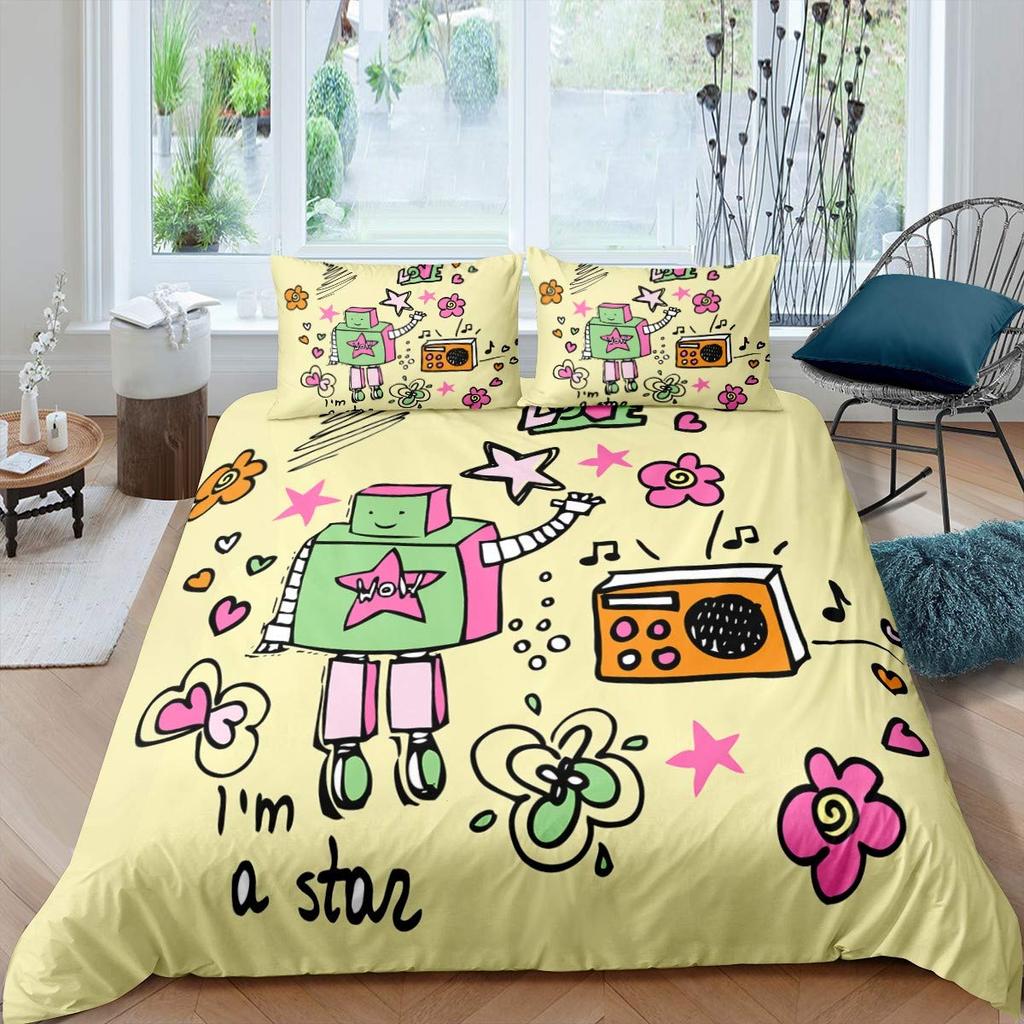 Children Kids Young Boys' King-Sized Dimensionsd Dimensions Beding - Watercolor Robot Soft Duvet Cover Set, 2/3 Pcs Featuring Modern Carton Super