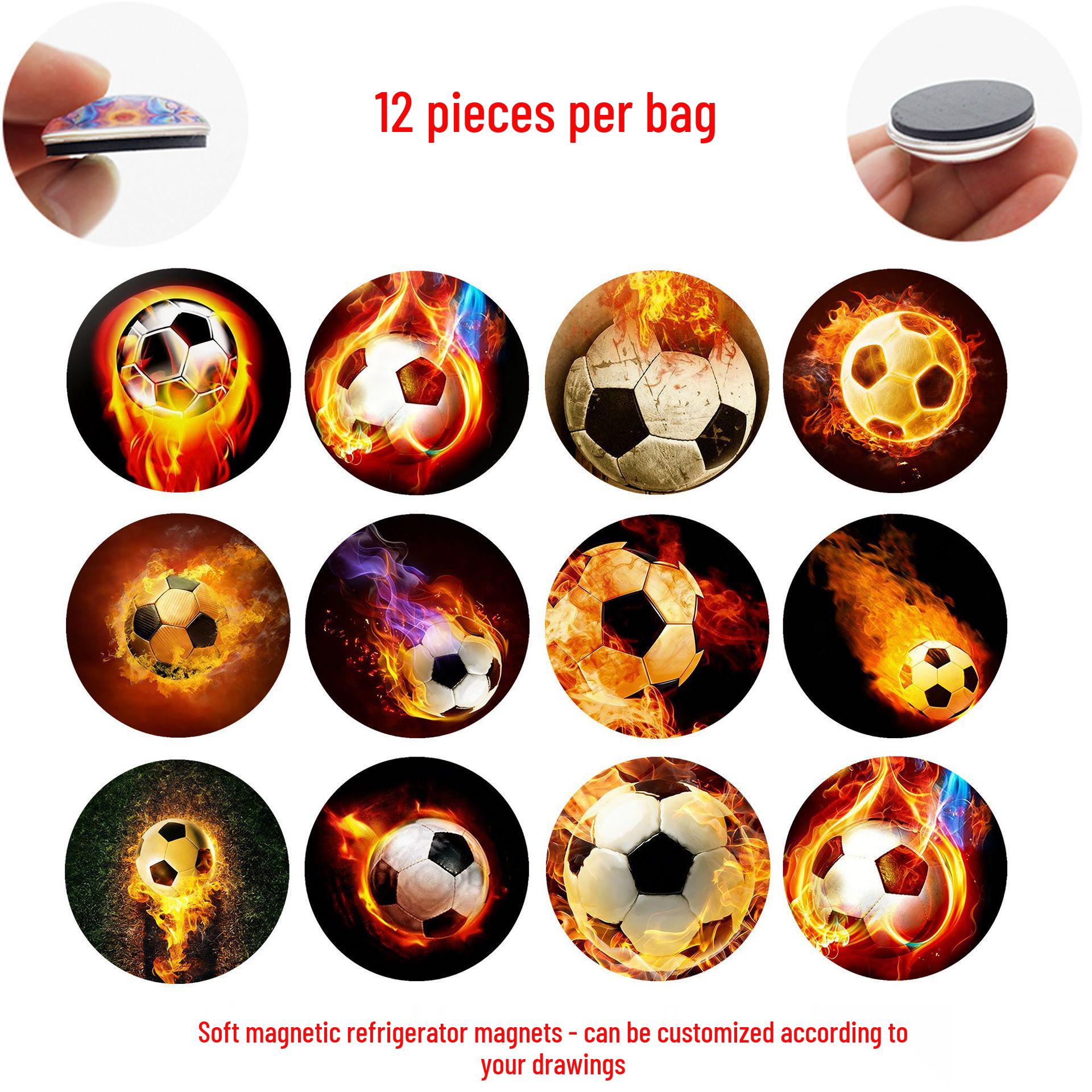 Dynamic Flame Football Crystal Glass Magnet - Home Decoration Sticker for Refrigerator Doors and Metal Surfaces 25 mm Refrigerator Magnet Set of 12 (JQT626)