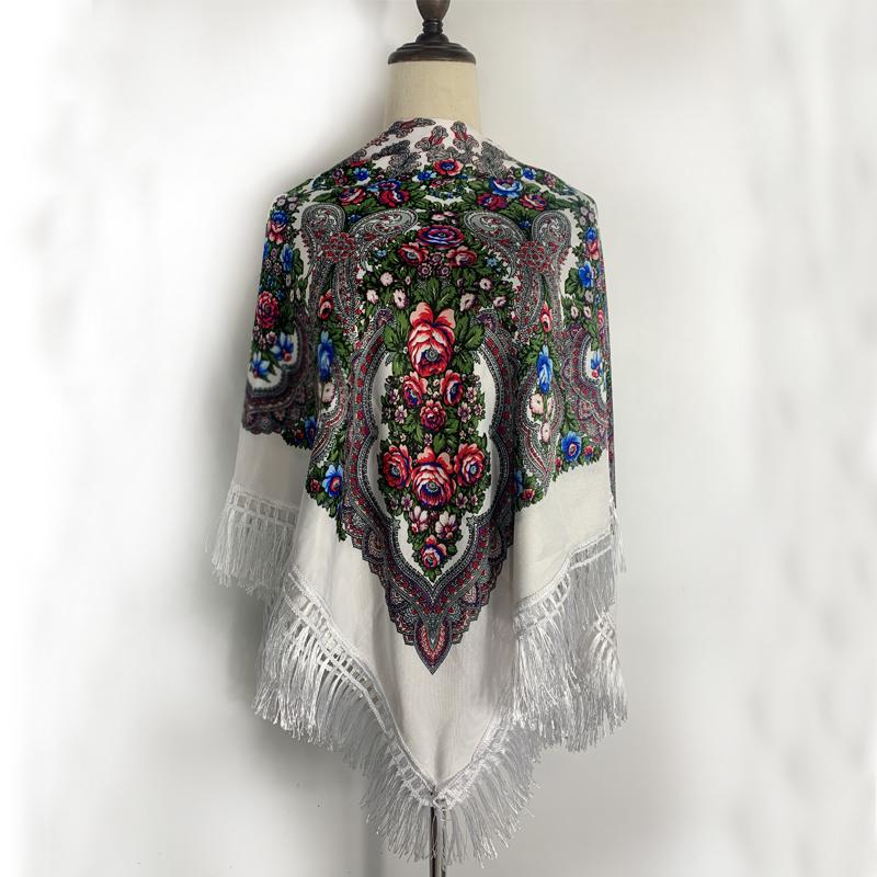 120*120Cm Russian Square Scarf Traditional Ukrainian Fringed Shawl Ethnic Travel Shawls Babushka Handkerchief Hijab Head Wraps