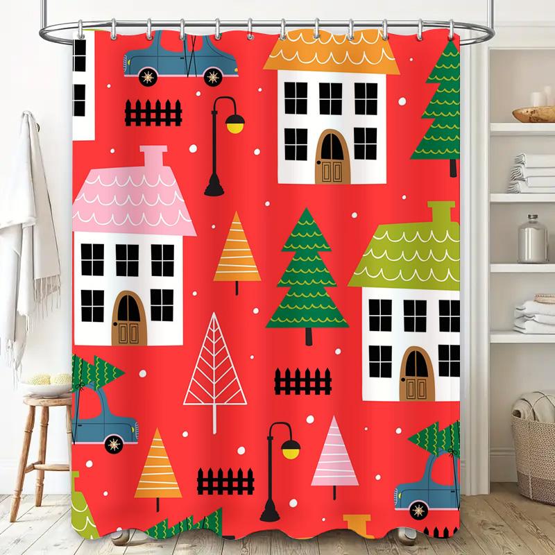 Tu Charming Christmas Shower Curtain Festive Holiday Decor Waterproof Bathroom Fabric Xmas Pattern Backdrop