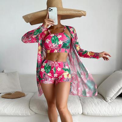 Swimsuit Women's Split Three Piece Set High Waist Long Sleeve Ins Overshirt Drawstring Printed Bikini Suits