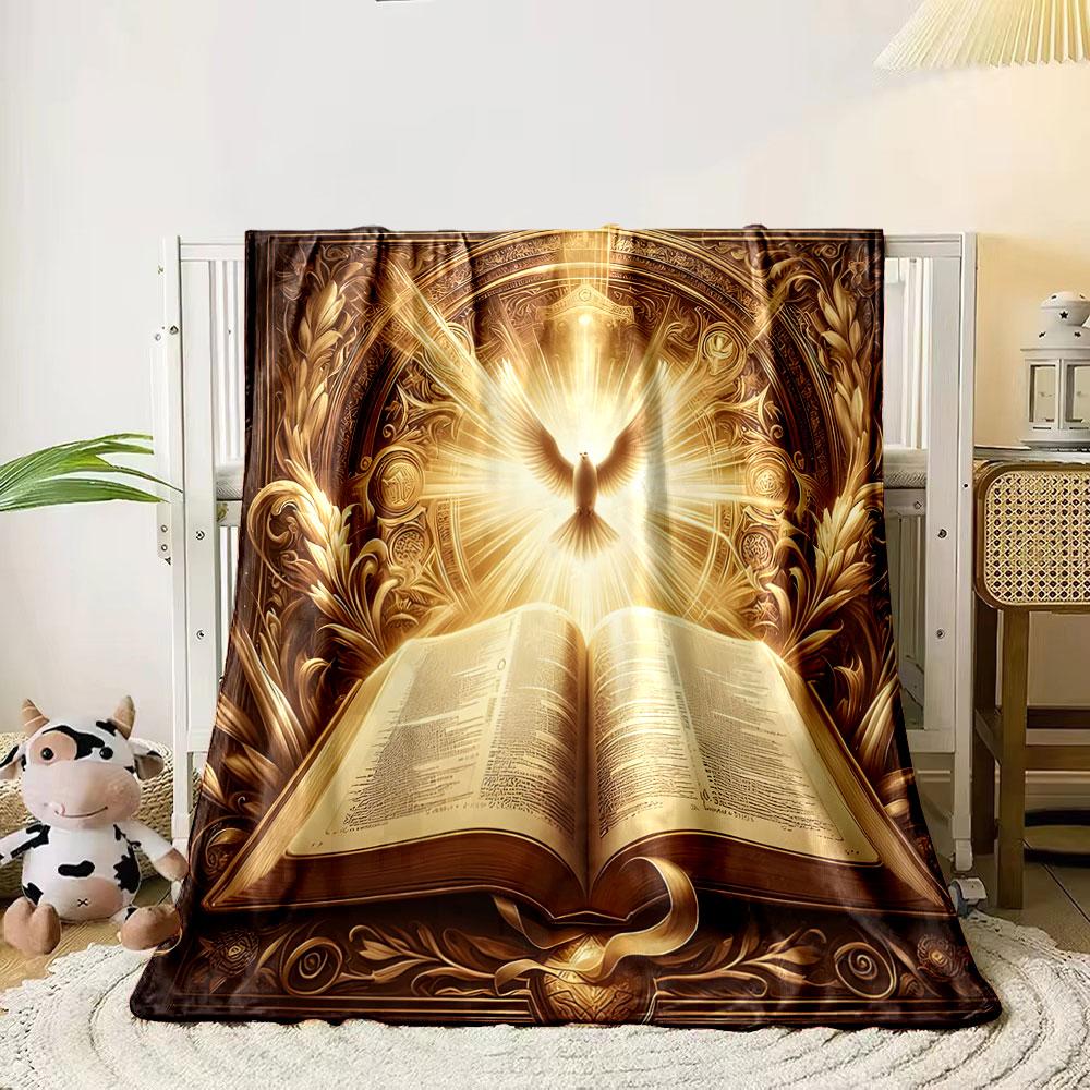 

Radiant dove above golden ornate patterns surrounding an open book. for all seasons blanket lunch break throw gift 80cm x 120cm