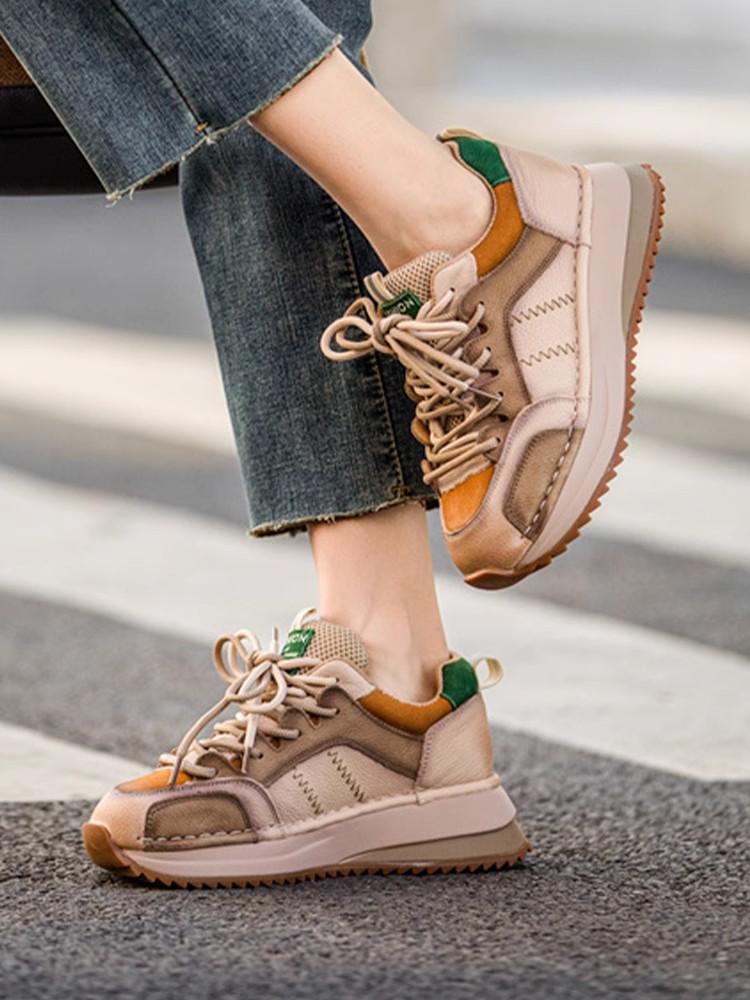 Fashion GKTINOO Sneakers Women Genuine Cow Leather Flats Thick soled Lace-Up Spring Autumn Lady Casual Flat Shoes Handmade Women Shoes