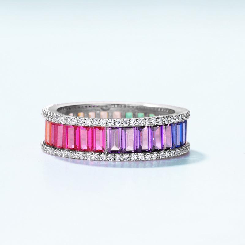 Cross-border S925 Rainbow Zircon Ring for Men & Women - Single Row Pave Gemstone, European & American Fashion Personality