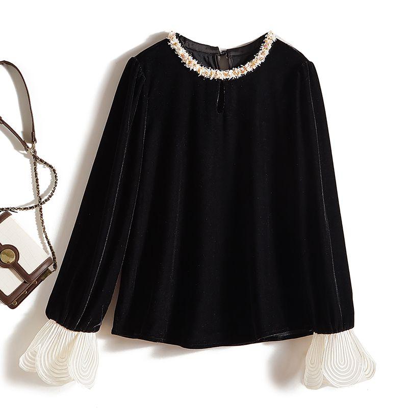 

Export Order! Please Look at the Details ~ Fairy Temperament 2025 New Mesh Lotus Leaf Sleeve Pleuche Shirt Beaded Collar Black L