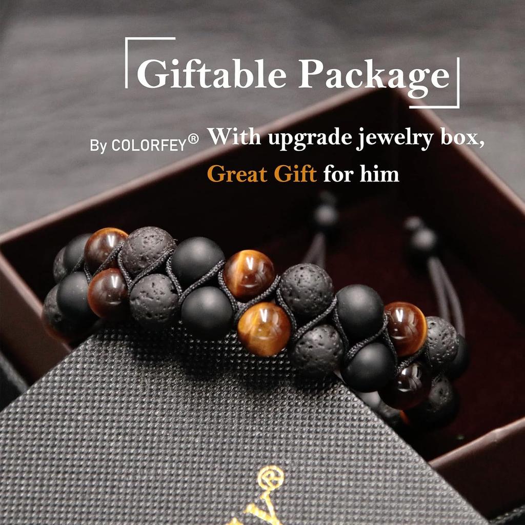 Triple Protection Bracelet for Men Women, Genuine Premium Tiger Eye Black Onyx and Lava Rock 8mm Handmade Bead Bracelet Healing Crystal Protection