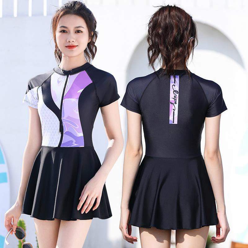 2026 Women s One-Piece Skirted Swimsuit, Short Sleeve, Plain Patchwork Design, Customizable. XXXL 70-78KG