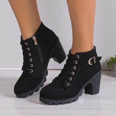 Klassische Damen-Kurzstiefel im koreanischen Stil - Große Größen, Warm, Runde Spitze, Dicker Absatz, Modische High Heels