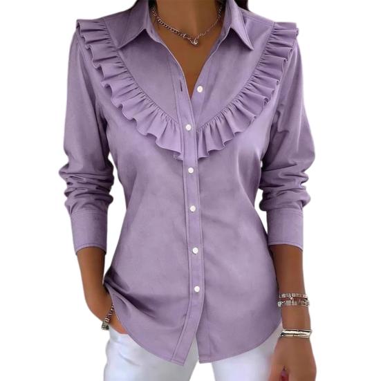Women Shirt Lapel Long Sleeve Ruffle Decor Shirt Tops Pure Color Loose Fit Buttons Placket Casual Shirt Work Party Vacation Wear