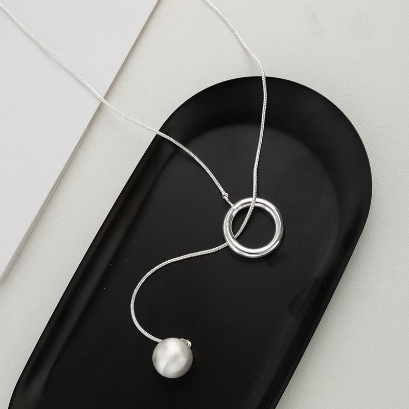 Minimalist Silver Brushed Round Ball Long Necklace Versatile Womens Sweater Accessory