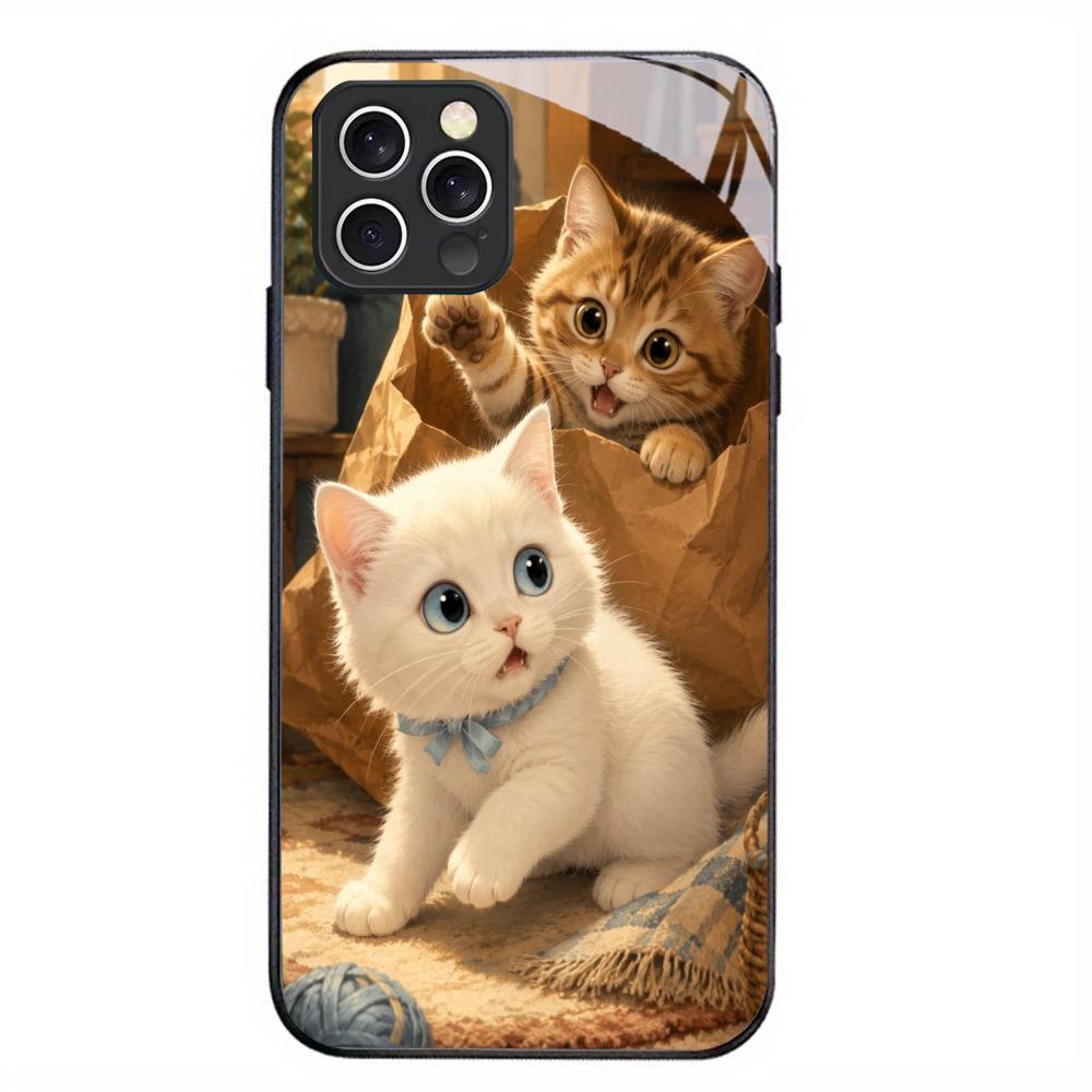 Kitten Tempered Glass Case For iPhone 17 16 Plus 15 Pro 13 14 12 Anti Scratch Raised Camera Lens Protection Cellphone Shell