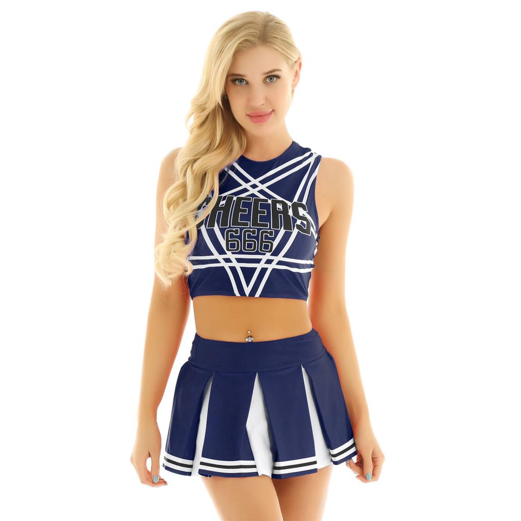 Women Cosplay Uniform Sleeveless Crop Top with Mini Pleated Skirt Cheerleader Costume Set