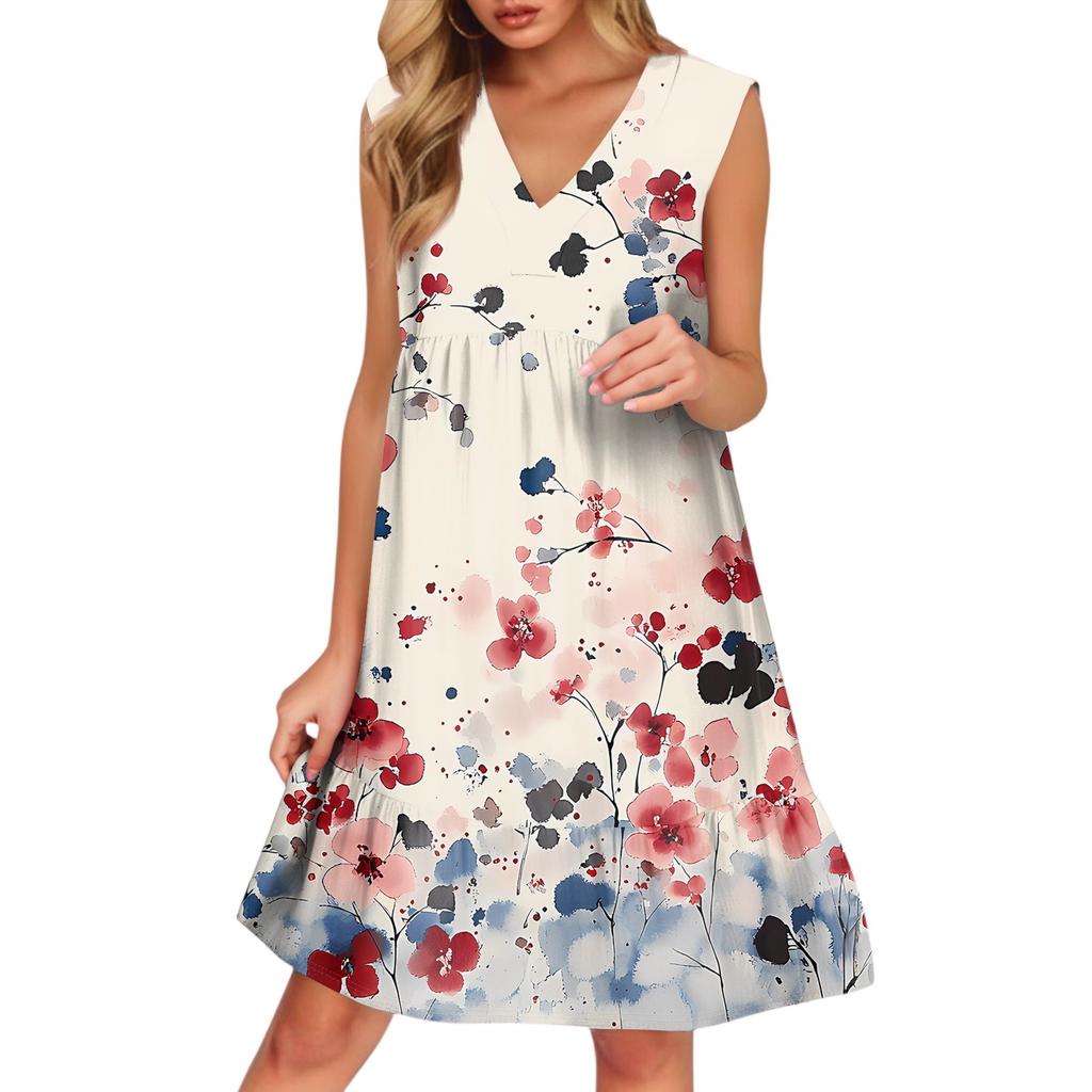 Women's Casual Fashion Breathable V-neck Vest With Pockets Floral Holiday Dress