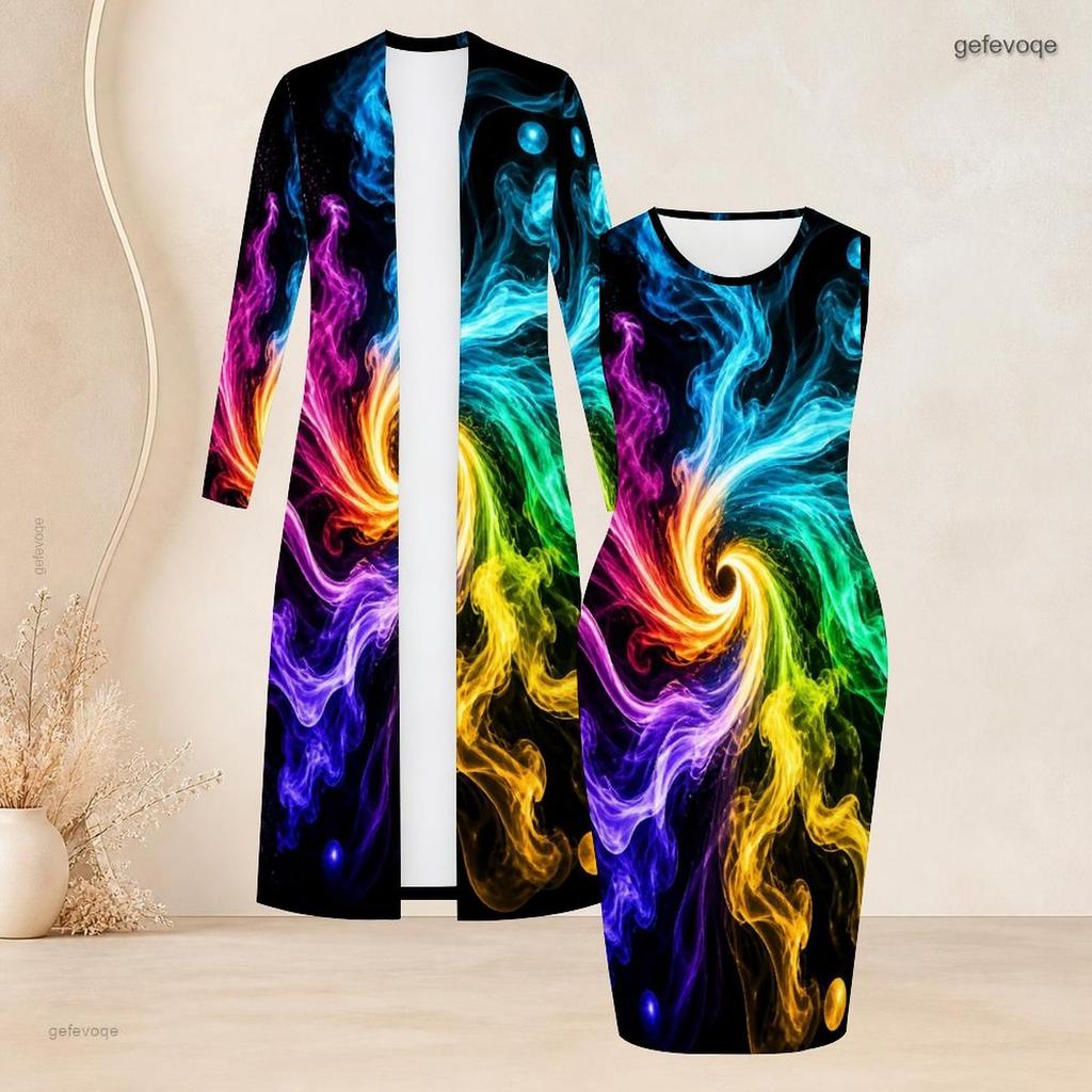 Women Plus Size Two Piece Set Long Sleeve Long Open Front Cardigan Sleeveless Printed Bodycon Dress
