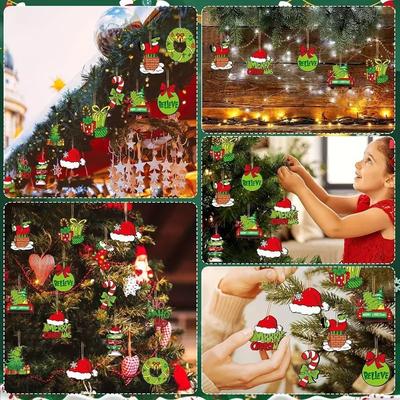 12/24 ks Vánoční dřevěná zelená ozdoba s čepicí Santa Clause, sváteční závěsná ozdoba pro venkovní dvůr, terasu, zahradu, domov, dekorace na sváteční párty