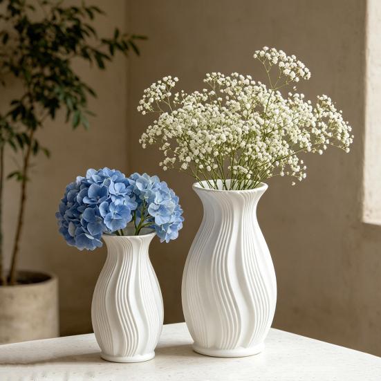Small White Faux Ceramic Vase Minimalist Modern Pampas Grass Vase Decorative Flower Holder for Table Fireplace Shelf Living Room Decor