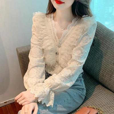 Fashion V λαιμόκοψη Γυναικεία μπλούζα με δαντέλα casual μακρυμάνικα πουκάμισα με δαντέλα Γυναικεία φθινοπωρινά ρούχα με κάτω μέρος Γυναικεία μπλουζάκια Blusas 29726