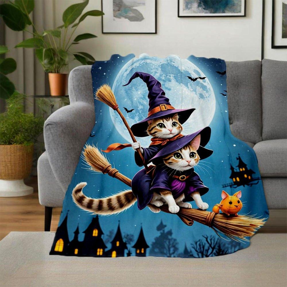 Halloween Witch Cats on Broomstick Wall Art PrintBlanket Flannel Throw Blanket for Sofa, Bed, Travel, Camping, Office, Couch, Chair