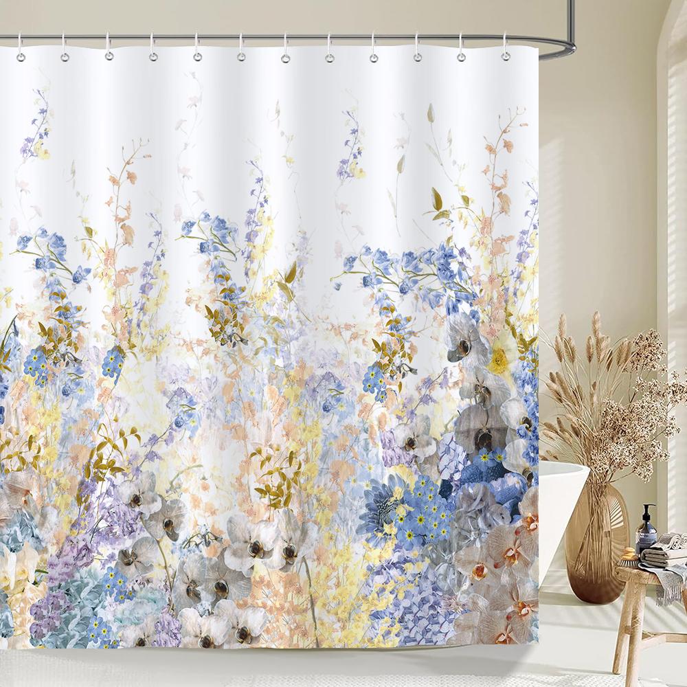 Flowers Butterfly Pattern Shower Curtains Bathroom Curtains Waterproof Polyester Bath Curtain with 12 Hooks Shower Curtain