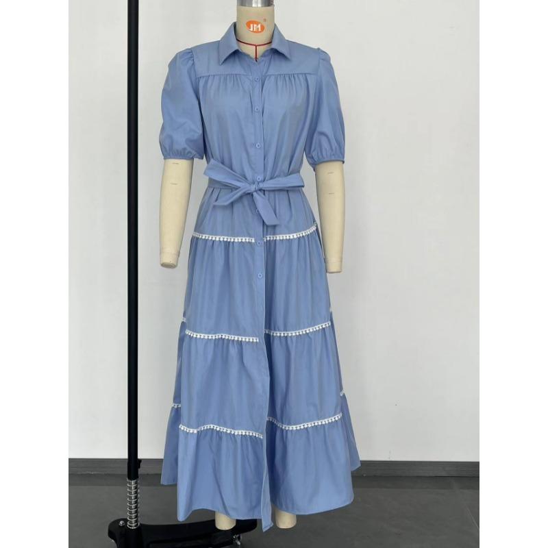 Elegantes Damen-Hemdkleid mit Rüschen in Übergröße, lockerer, plissierter Verband, Puffärmel, kurze Ärmel, Sommerkleid mit Knöpfen, modische Party-Prinzessinnenkleider 1078