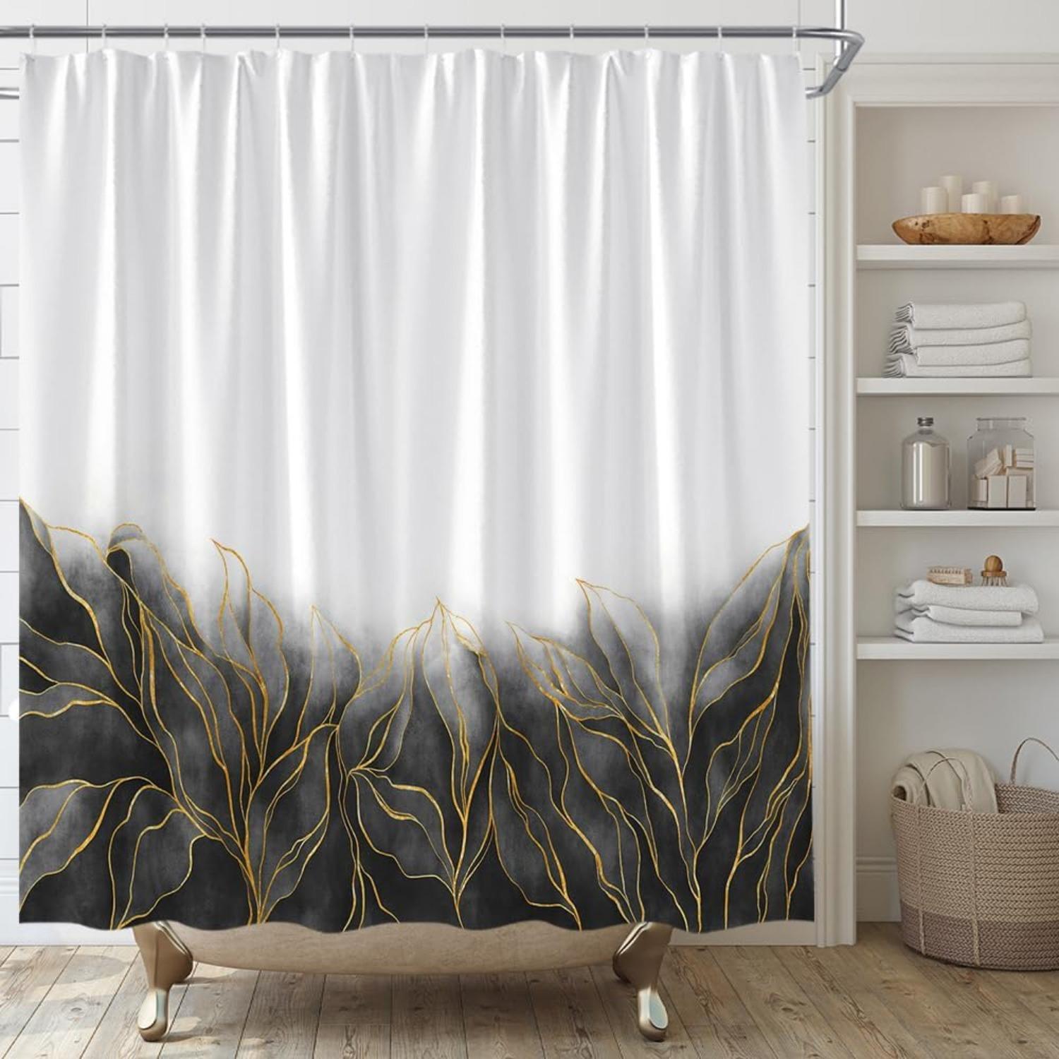 Gray Marble Shower Curtain - Black & Golden Abstract Art, Modern Ombre Luxury,  Includes 12 Hooks, All-Season Bath Decor W90xH180cm