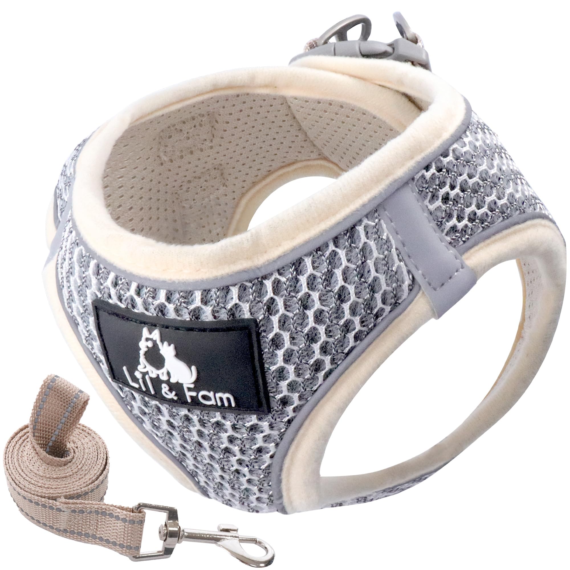 

Шлейка для тела собаки и поводок Нежная на светоотражающем для маленьких и средних собак и кошек x Размер Lil&Fam Шлейка, Набор, Тело, Сетка, (Бежево-серый, S)