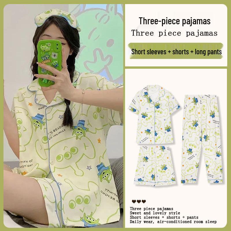 Summer Fashion Pajamas: Women's Short Sleeve Three-Piece Set with Cartoon Pacha Dog Design, Suitable for Home or Outdoors